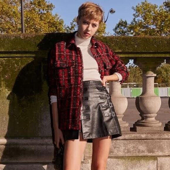 The Koopless Jeans Long Sleeve Tweed Checked Overshirt Jacket Red Women's Size M - Picture 2 of 7